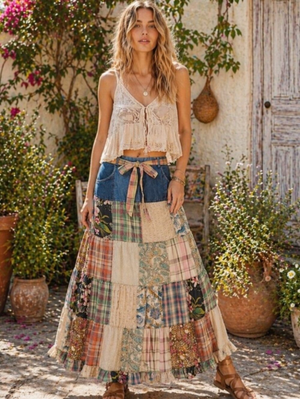 Small 💛💙💚 Young Threads Patchwork Maxi Skirt